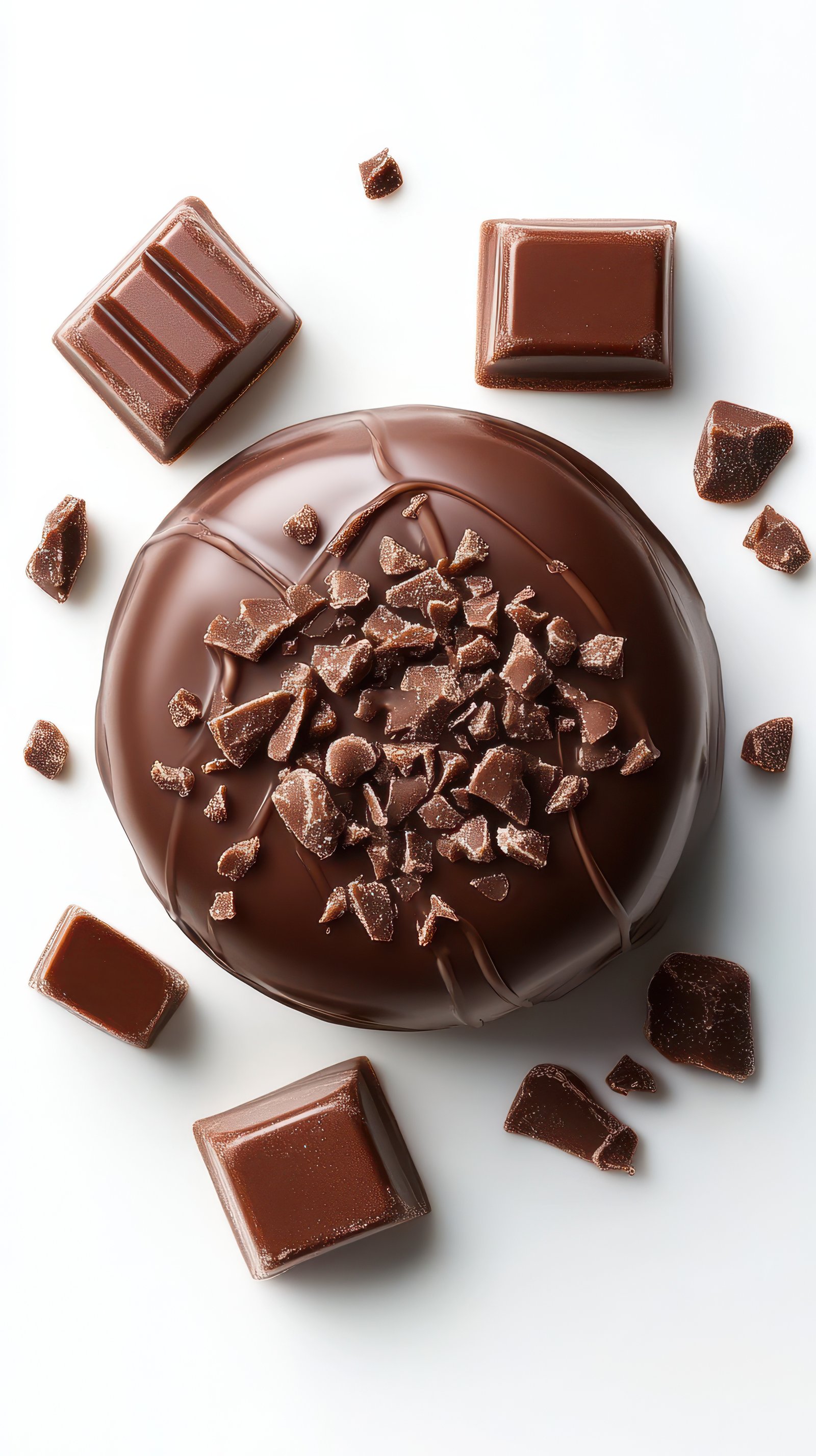 Delicious chocolate dessert topped with crushed chocolate pieces and surrounded by chocolate squares on a white background